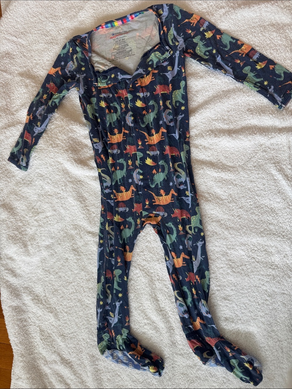 Magnetic Me Navy Footed One-Piece with Multicolor Dinosaur Print